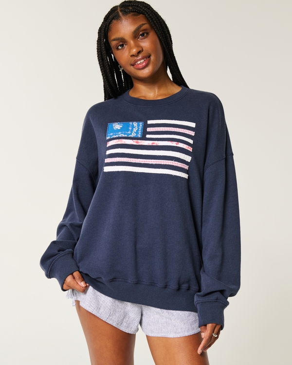 Oversized American Flag Graphic Crew Sweatshirt, Navy Blue