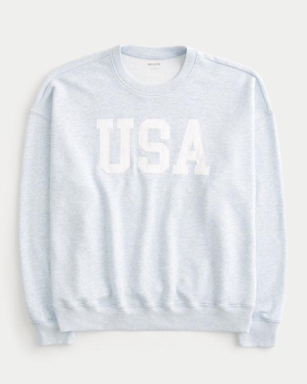 Oversized USA Graphic Crew Sweatshirt, Light Heather Blue