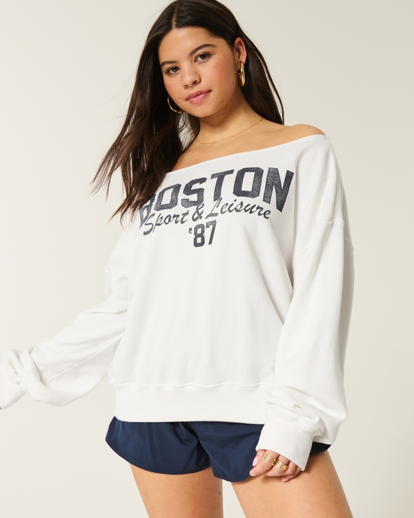Easy Off-the-Shoulder Boston Sports Graphic Sweatshirt, Cloud White view 1