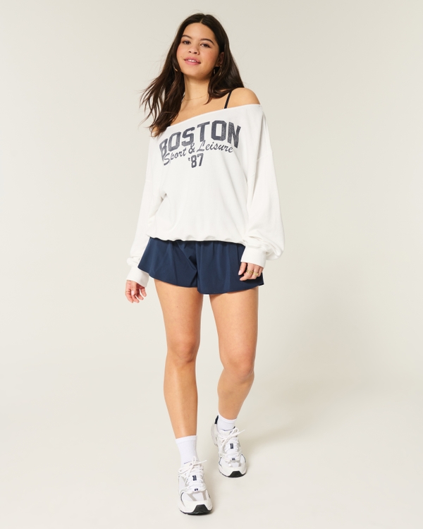 Easy Off-the-Shoulder Boston Sports Graphic Sweatshirt, Cloud White view 2
