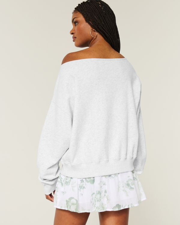 Easy Off-the-Shoulder Connecticut Graphic Sweatshirt, Light Heather Grey view 2