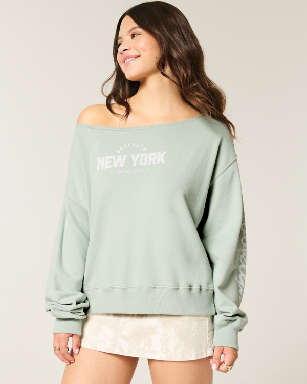 Easy Off-the-Shoulder Brooklyn Graphic Sweatshirt, Eucalyptus Green view 1