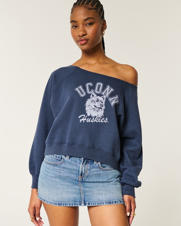 Easy Off-the-Shoulder UConn Huskies Graphic Sweatshirt, Navy Blue view 1