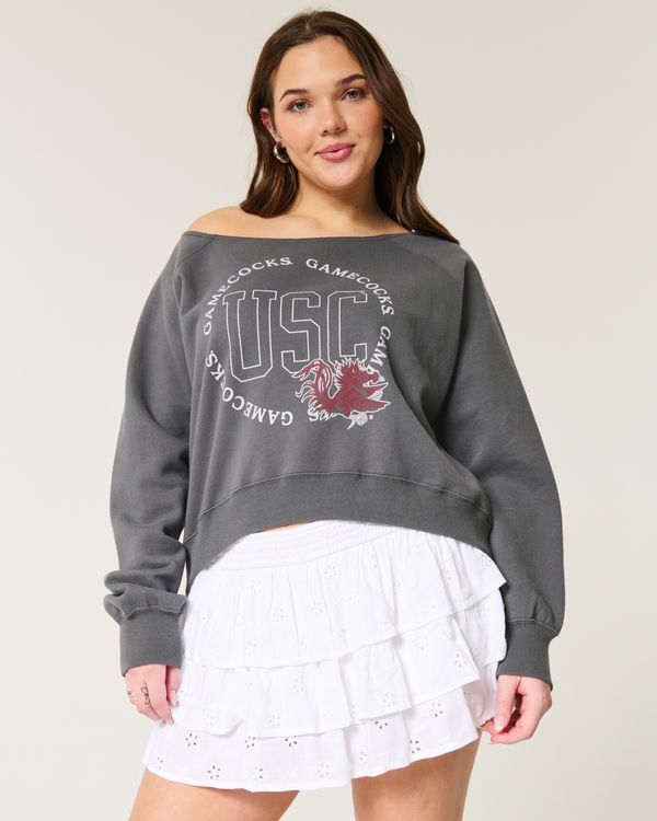 Easy Off-the-Shoulder USC Gamecocks Graphic Sweatshirt, Charcoal Grey view 1