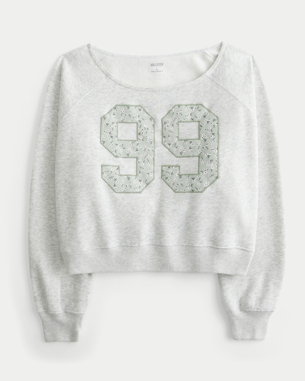 Easy Off-the-Shoulder Number Graphic Crew Sweatshirt, Light Heather Grey view 2