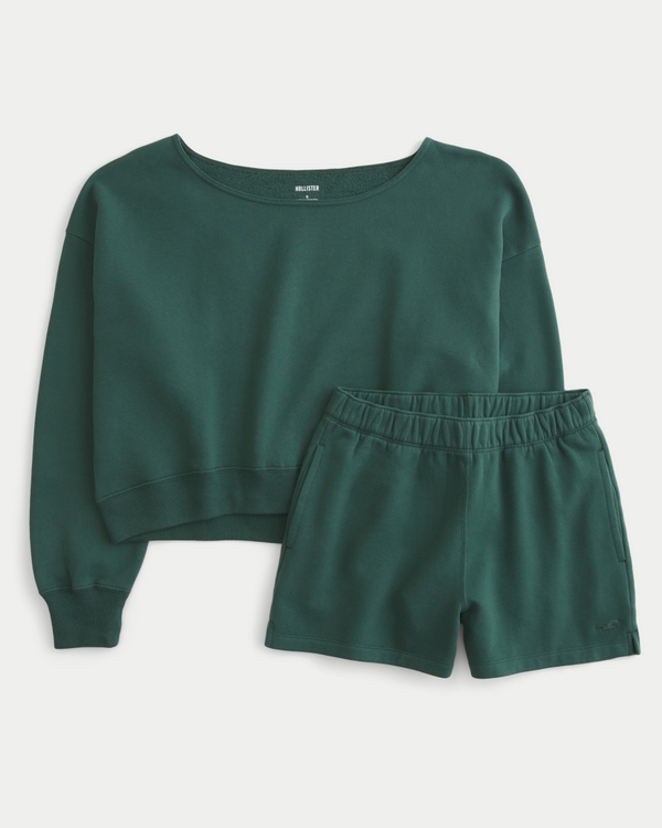 Easy Off-the-Shoulder Sweatshirt & Fleece Shorts Set, Evergreen view 1
