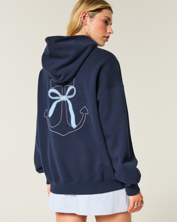 Oversized Bow Graphic Hoodie, Navy Blue view 2