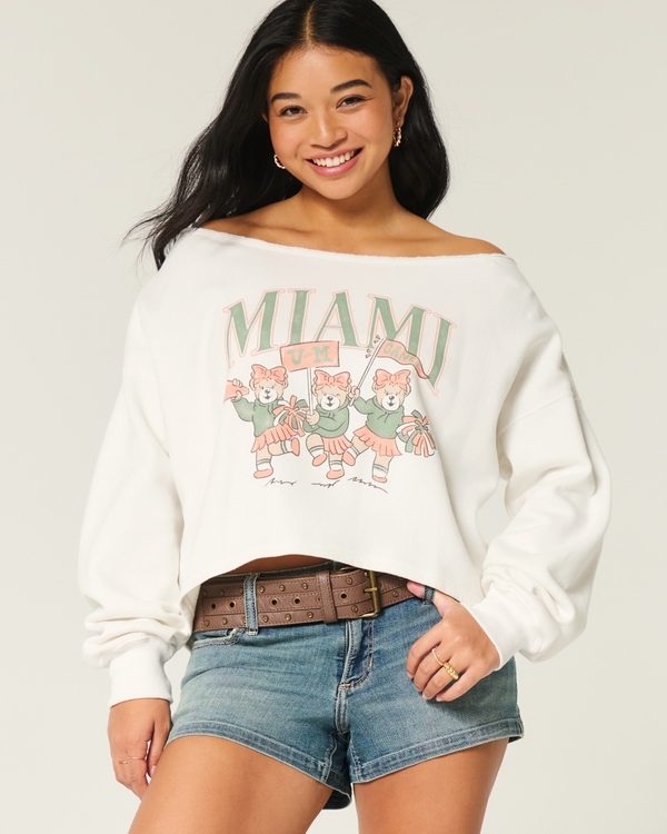 Easy Off-the-Shoulder Miami Graphic Sweatshirt, Cloud White view 1