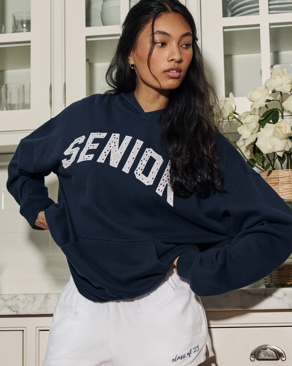 Oversized Senior Graphic Hoodie, Navy Blue view 1