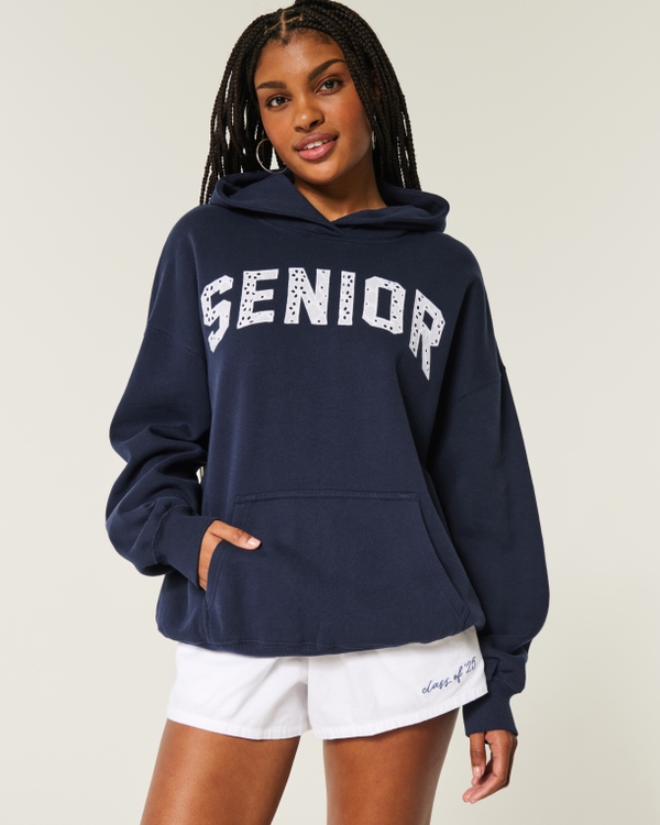 Oversized Senior Graphic Hoodie, Navy Blue view 2