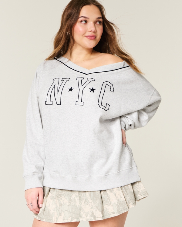 Oversized NYC Graphic V-Neck Sweatshirt, Light Heather Grey view 1