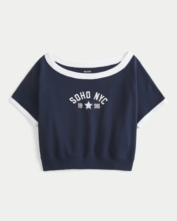 Easy Short-Sleeve Terry Fleece Graphic Sweatshirt, Navy Blue view 1