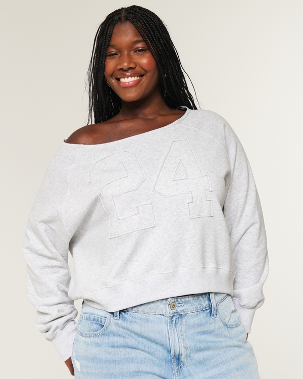 Easy Off-the-Shoulder Number Graphic Sweatshirt, Light Heather Gray view 1