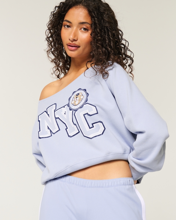 Easy Off-the-Shoulder NYC Graphic Sweatshirt, Dusty Blue view 1