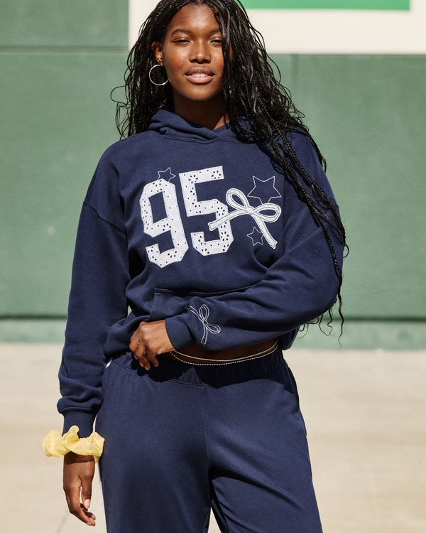 Oversized Varsity Graphic Hoodie, Navy Blue view 1