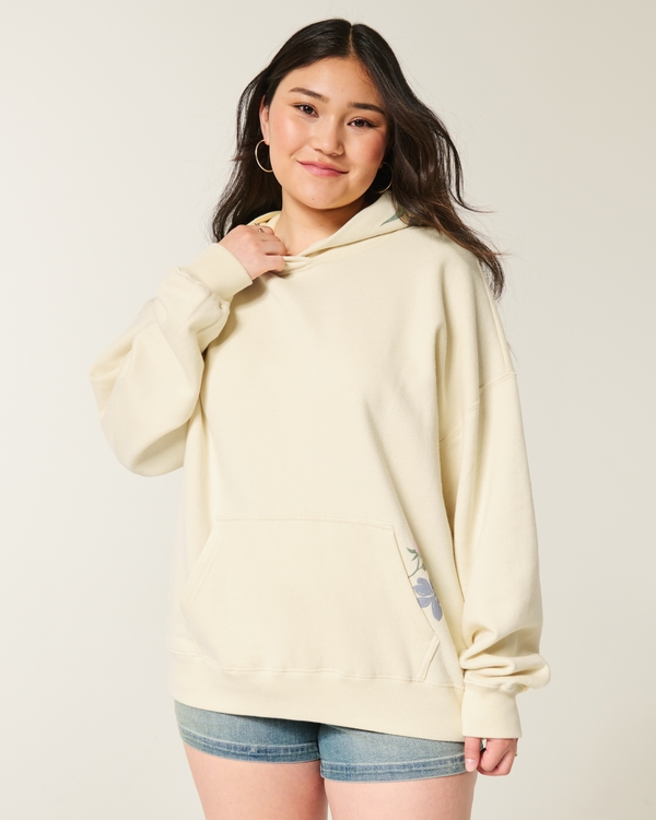 Oversized Floral Graphic Hoodie, Ivory view 1