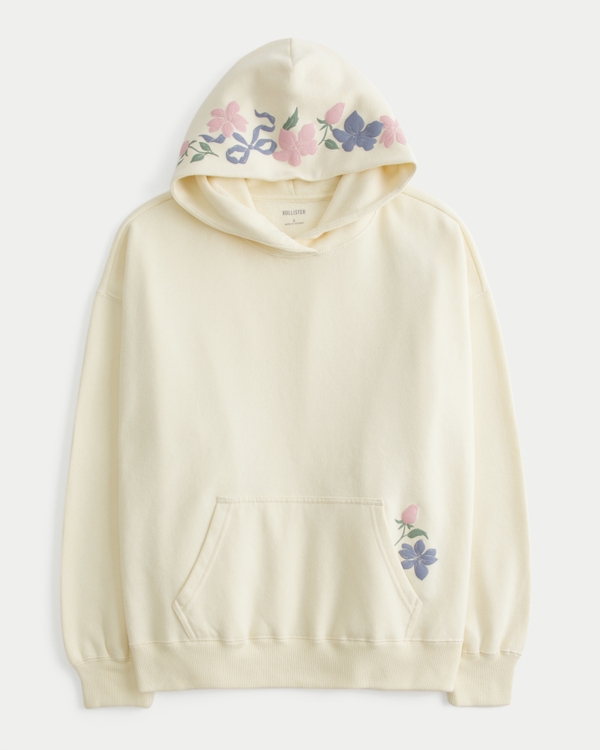 Oversized Floral Graphic Hoodie, Ivory view 1