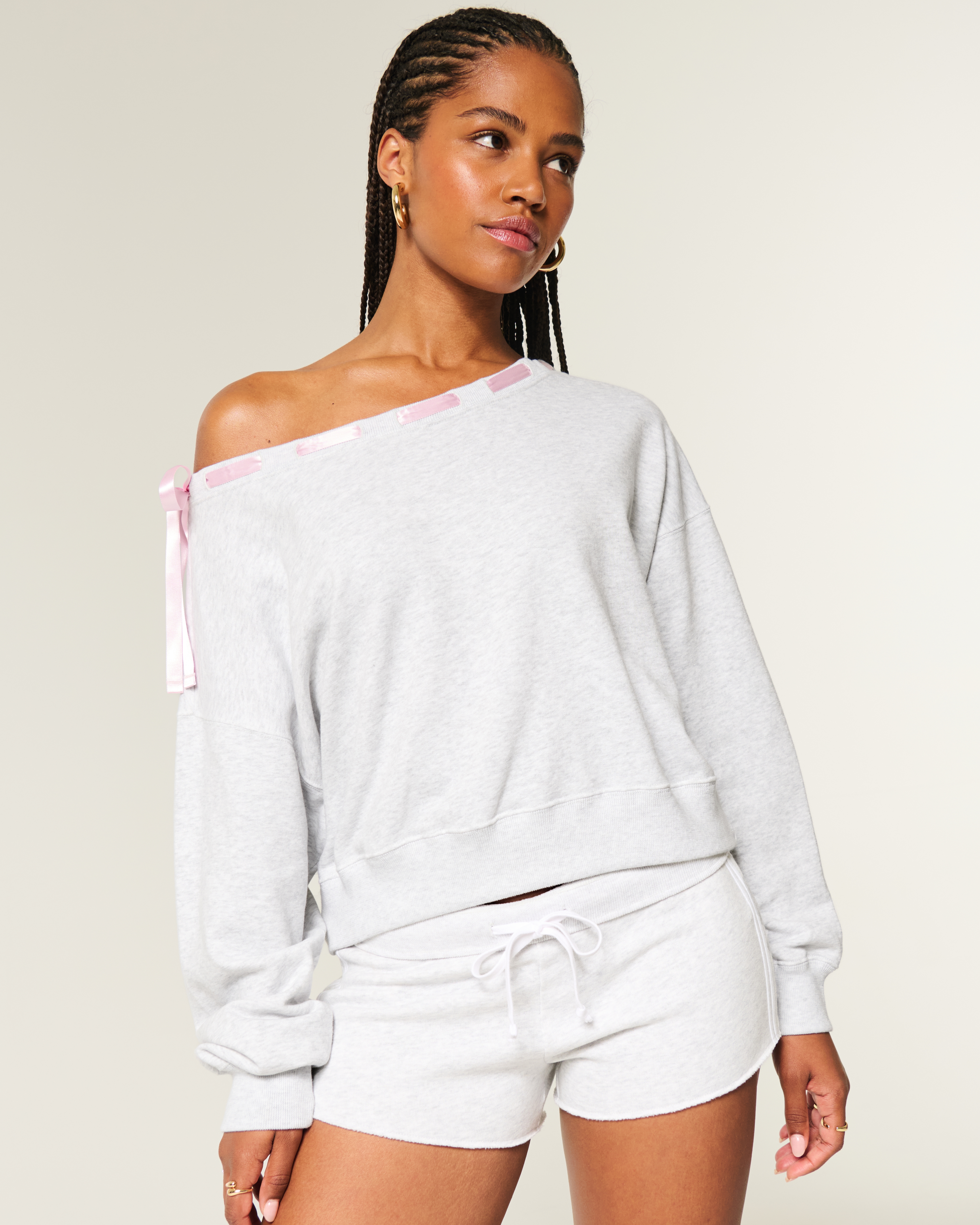 Off-the-Shoulder Tie Sweatshirt