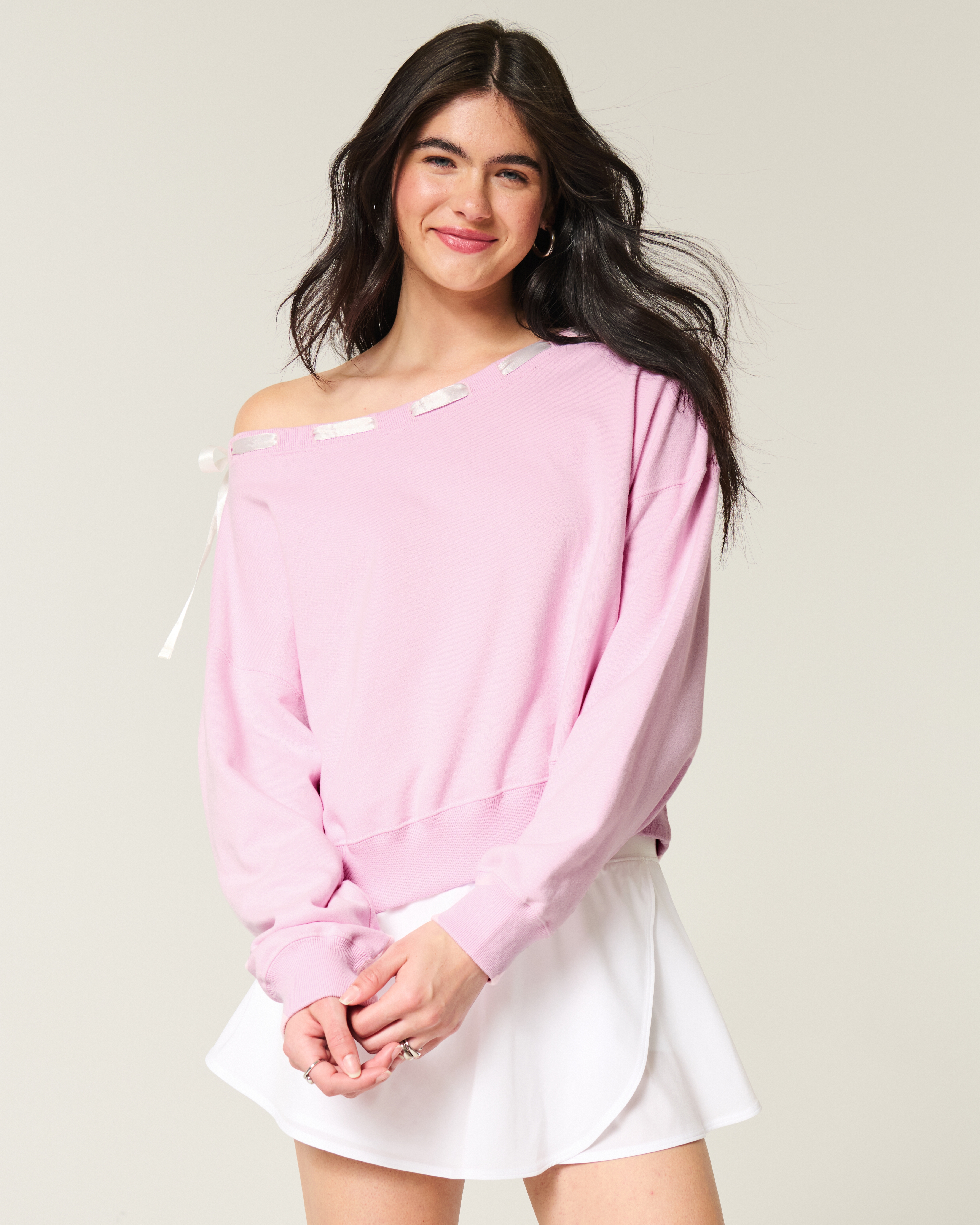 Off-the-Shoulder Tie Sweatshirt