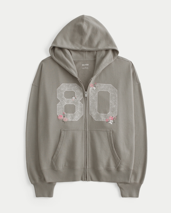 Oversized Graphic Zip-Up Hoodie, Clay view 1
