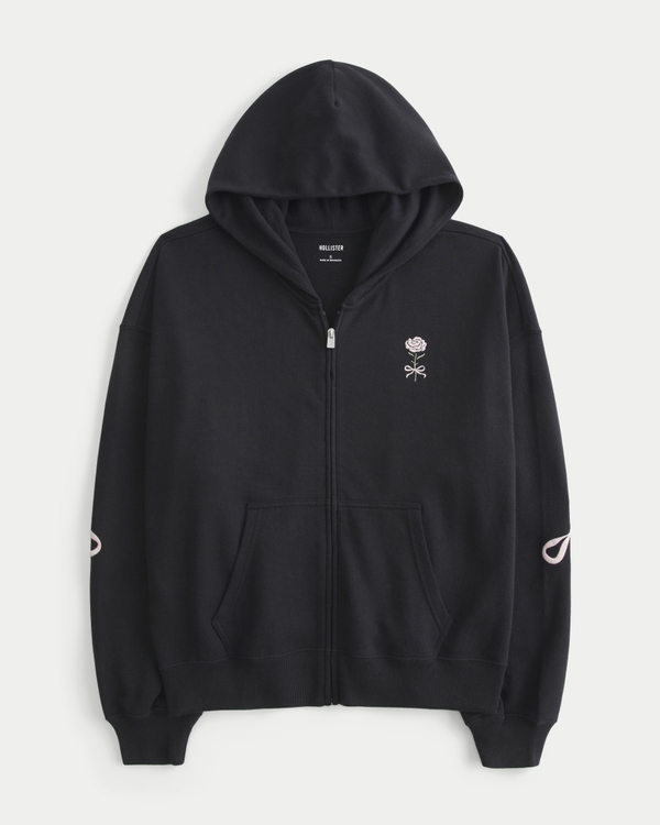 Oversized Graphic Zip-Up Hoodie, Black view 1