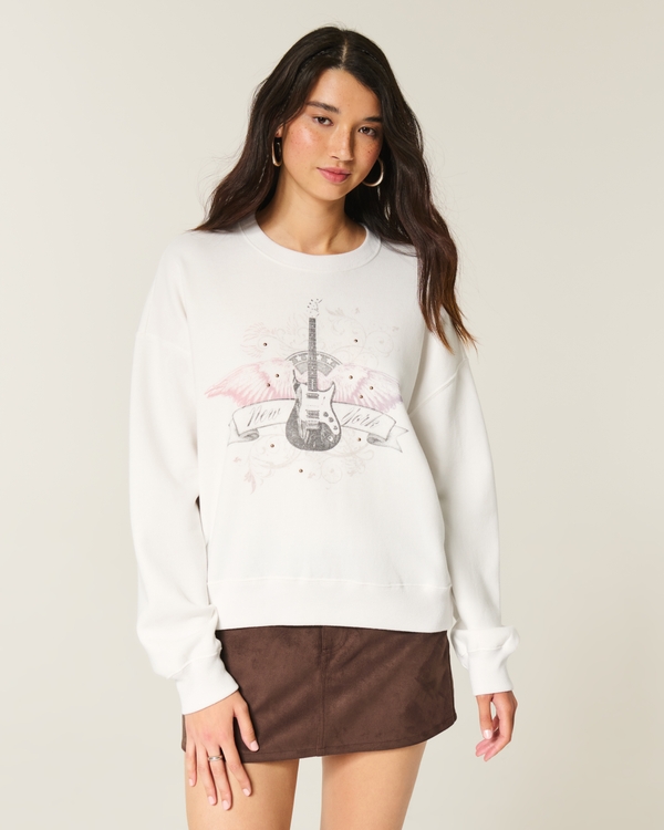 Easy New York Guitar Studded Graphic Crew Sweatshirt, Cloud White view 1