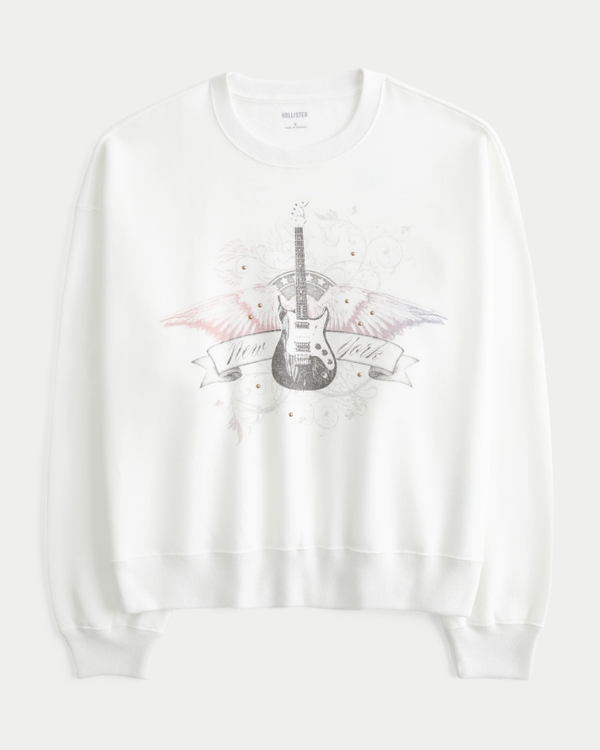 Easy New York Guitar Studded Graphic Crew Sweatshirt