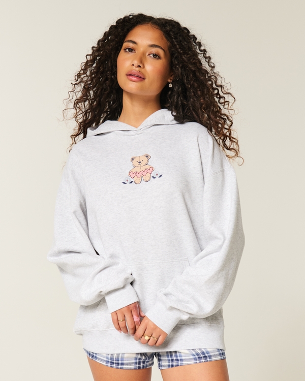 Hoodie mit Teddybär-Grafik, Hellgrau Meliert view 2
