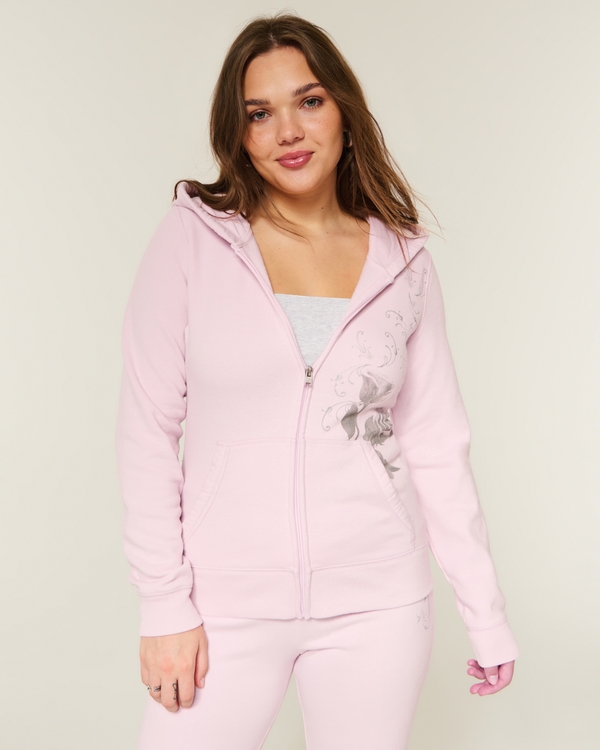 Rose Graphic Zip-Up Hoodie, Light Lilac view 1