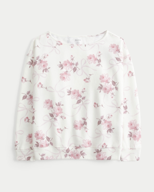Oversized Off-the-Shoulder Floral Bow Pattern Sweatshirt