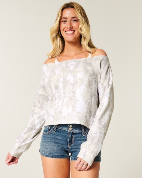 Easy Off-the-Shoulder Camo Sweatshirt, Cream Camo view 1