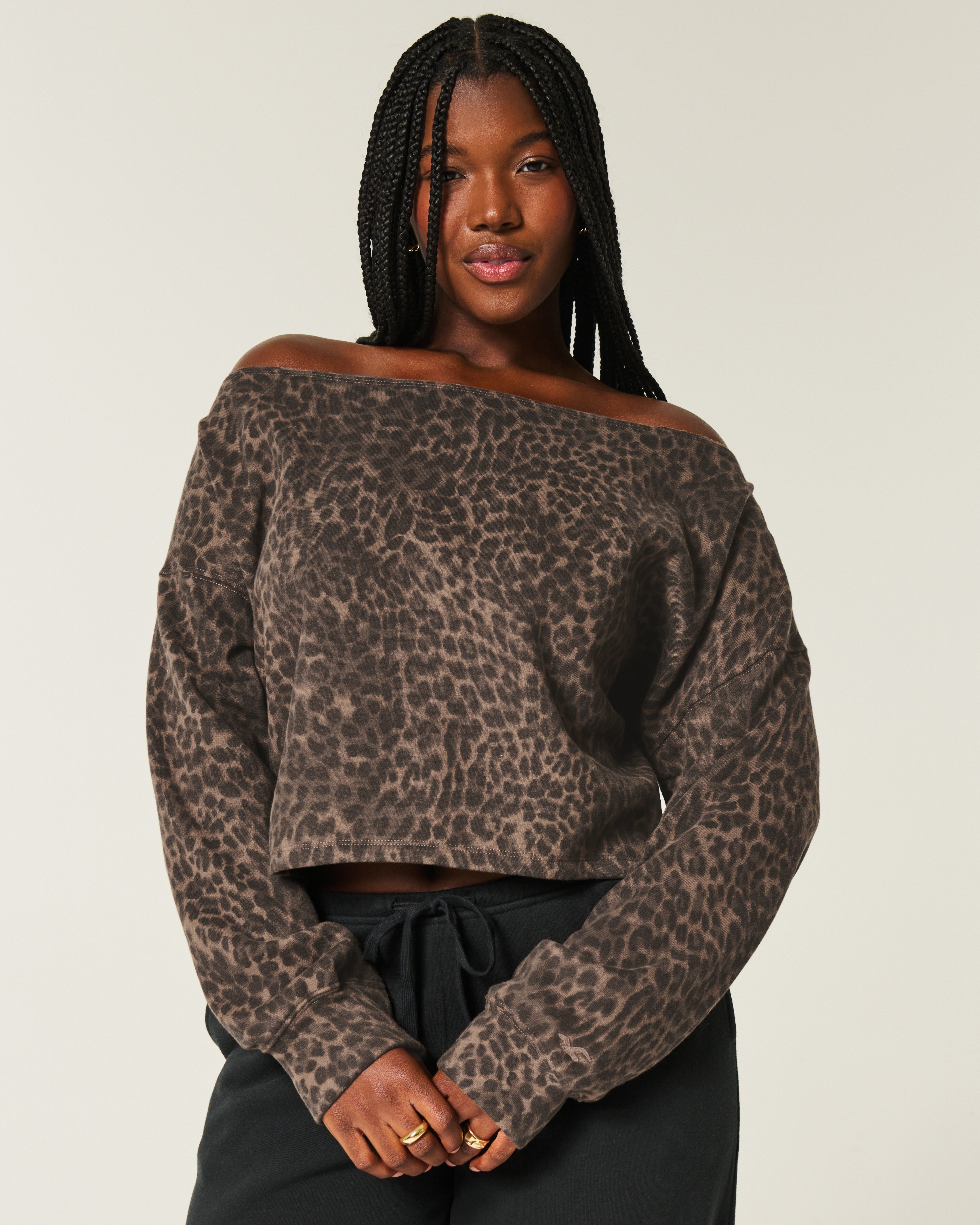 Easy Double Off-the-Shoulder Leopard Print Sweatshirt