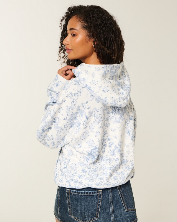 Oversized Zip-Up Floral Pattern Hoodie