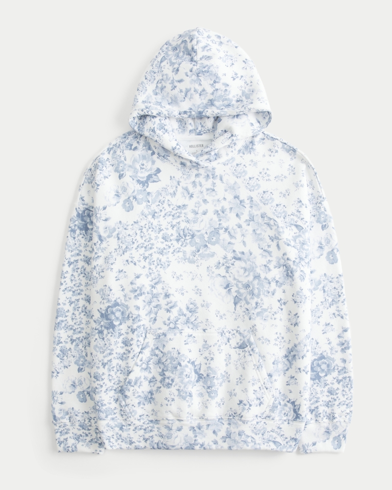 Oversized Zip-Up Floral Pattern Hoodie