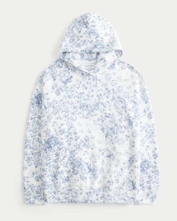 Oversized Zip-Up Floral Pattern Hoodie