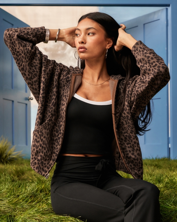 Oversized Leopard Print Zip-Up Hoodie, Leopard Print view 1