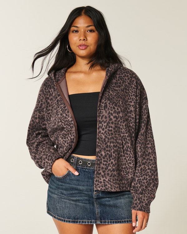 Oversized Leopard Print Zip-Up Hoodie, Leopard Print view 1