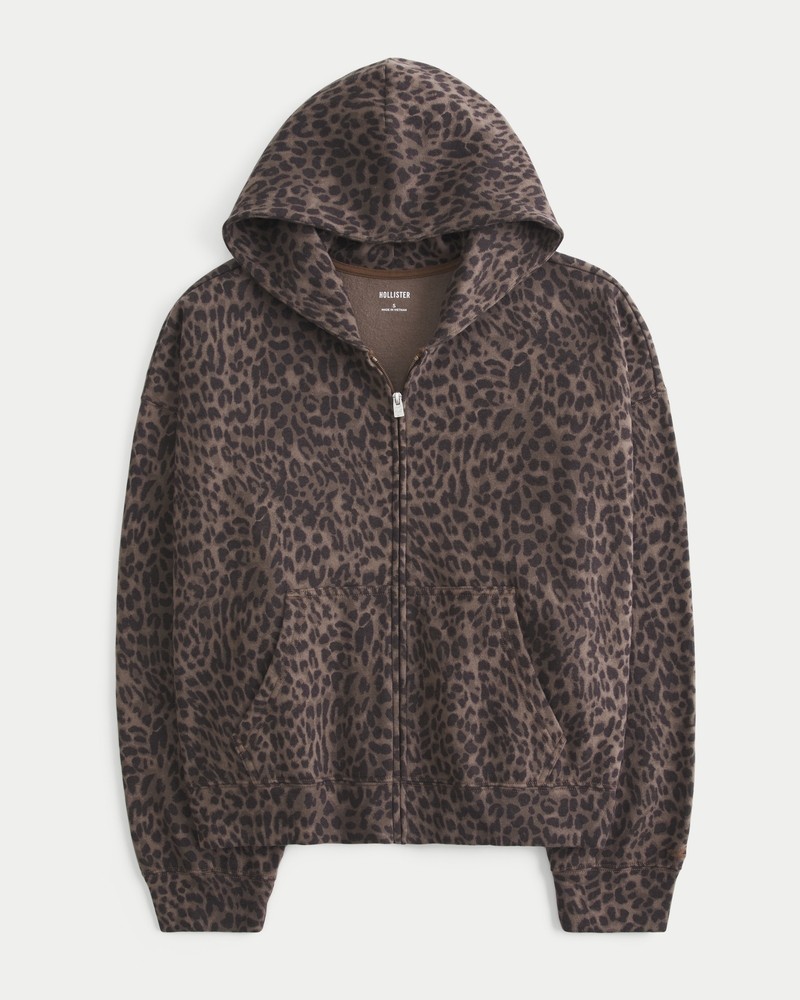 Oversized Leopard Print Zip-Up Hoodie