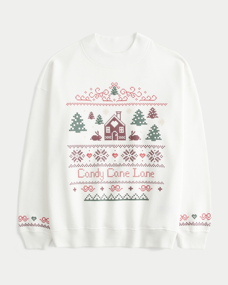 Oversized Mock-Neck Puff Print Winter Graphic Sweatshirt