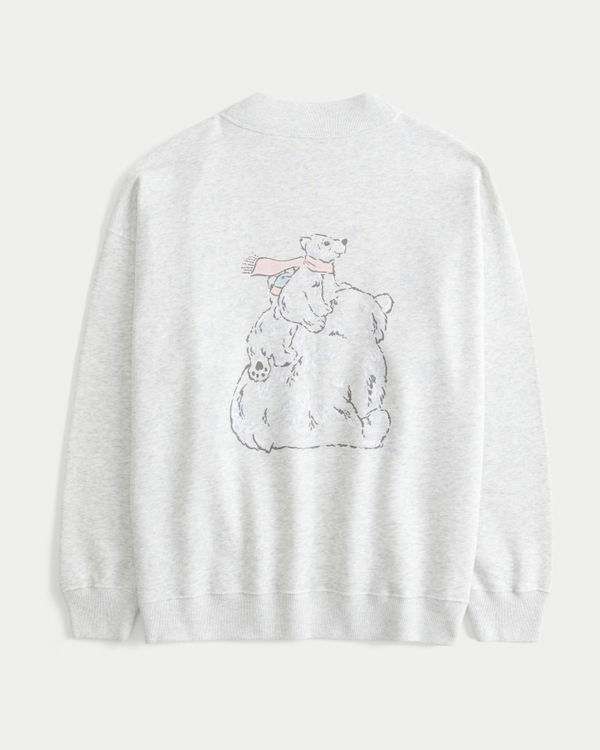 Oversized Mock-Neck Bear Graphic Sweatshirt