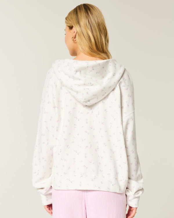 Oversized Floral Pattern Zip-Up Hoodie, Cloud White Floral view 2