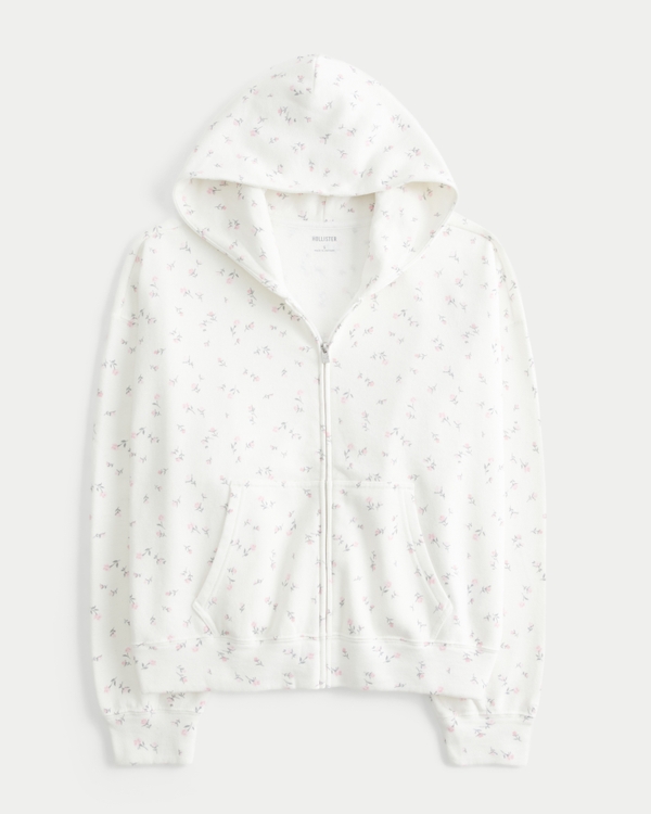 Oversized Floral Pattern Zip-Up Hoodie