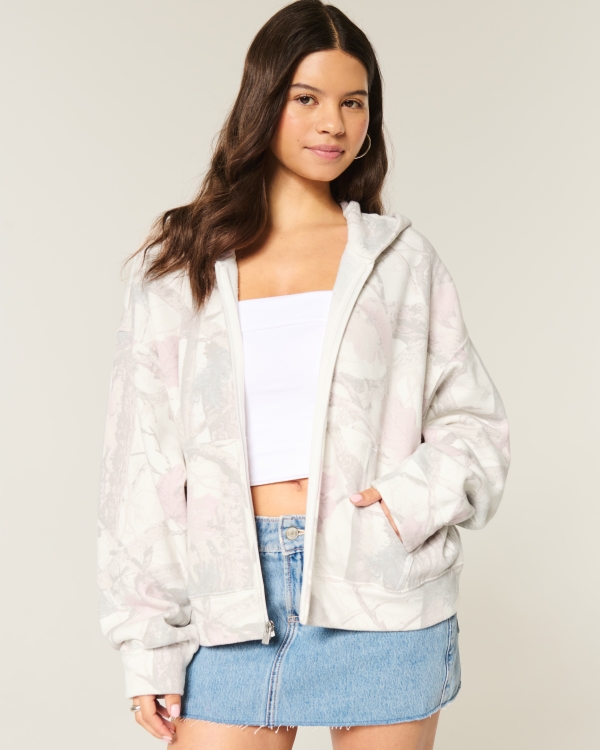 Oversized Camo Zip-Up Hoodie, Cream Camo view 1