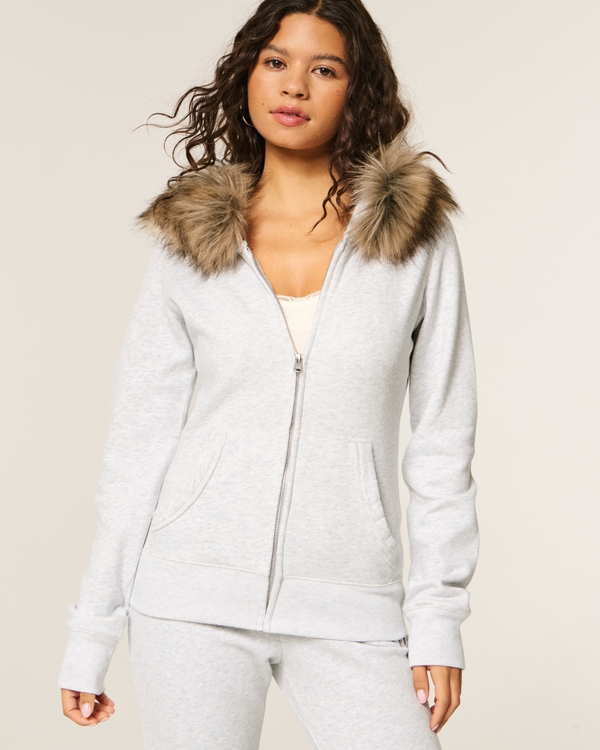 Faux Fur Trim Zip-Up Hoodie, Light Heather Grey view 1