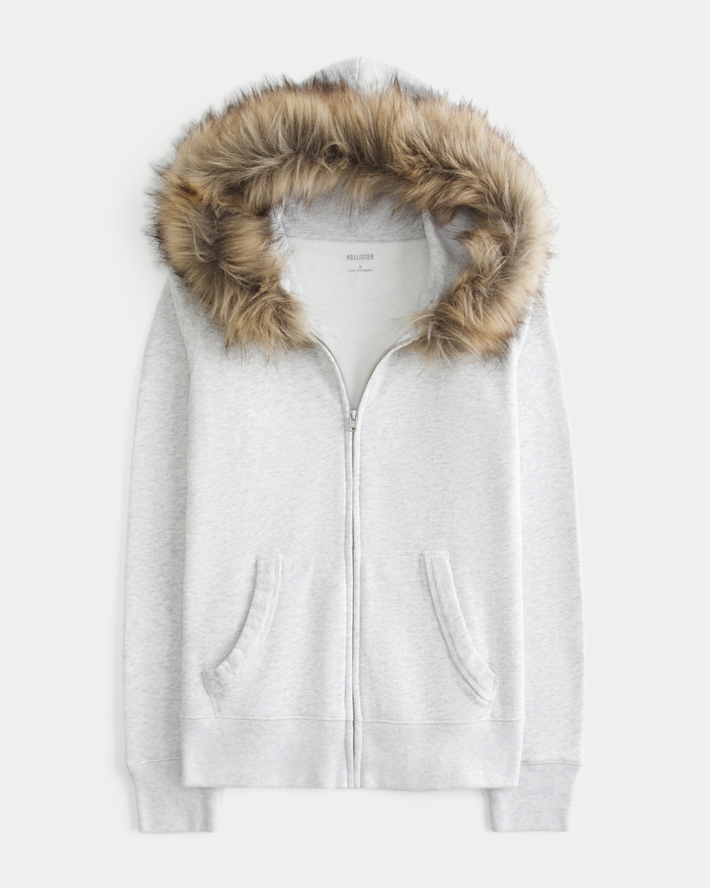 Faux Fur Trim Zip-Up Hoodie