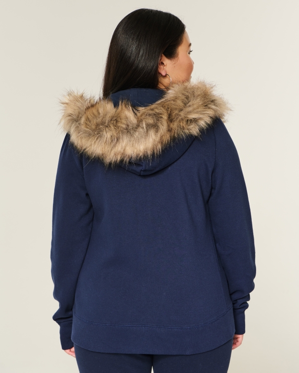 Faux Fur Trim Zip-Up Hoodie, Navy Blue view 2