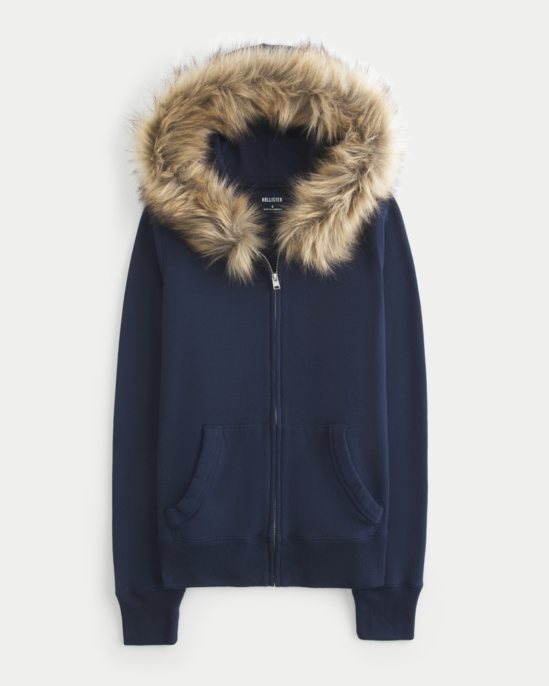 Faux Fur Trim Zip-Up Hoodie