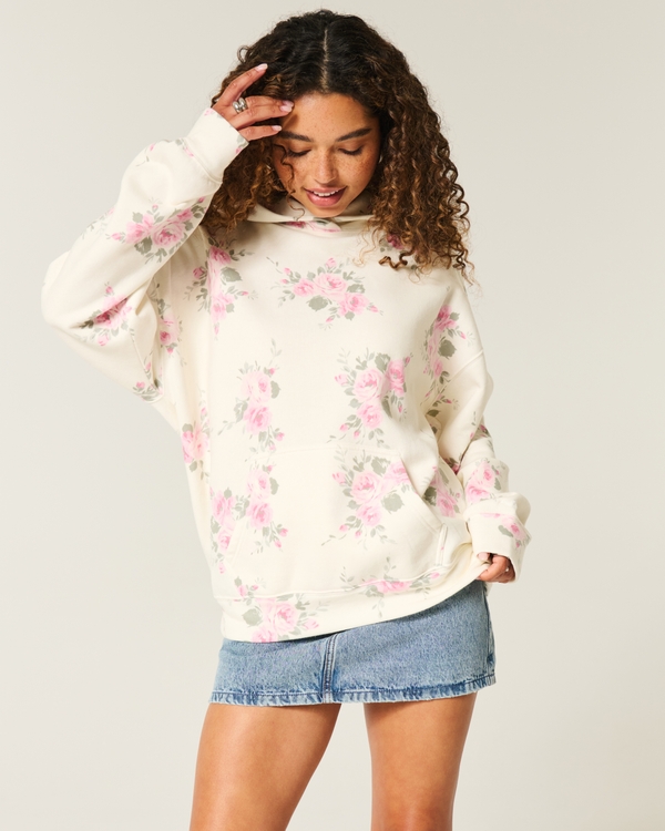 Hollister Feel Good Fleece Oversized Floral Pattern Hoodie, Cream Floral view 1