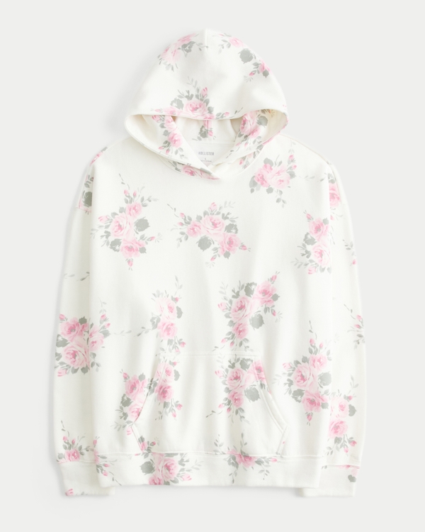 Hollister Feel Good Fleece Oversized Floral Pattern Hoodie, Cream Floral view 1