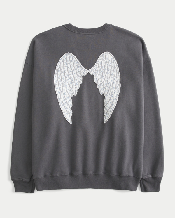 Oversized Angel Wings Graphic Crew Sweatshirt, Charcoal Grey view 2